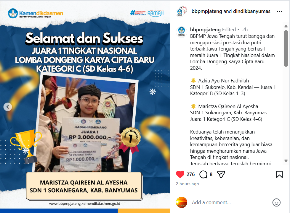 Maristza Qaireen Al Ayesha Raih Juara 1 Nasional Lomba Dongeng Karya Cipta Baru 2025